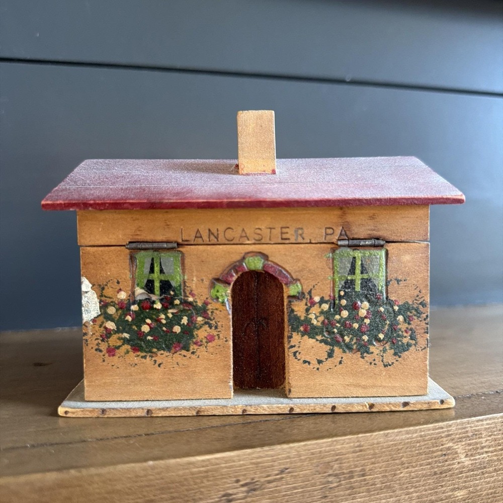 VTG Lancaster PA Wooden House Coin Bank Folk Art Cottage Trinket Box Primitive